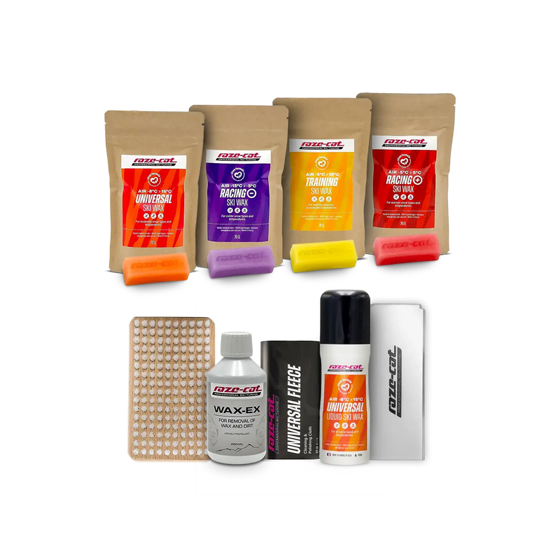 Ladda bilden i gallerivisaren, Mehrere Packungen Skiwachs in verschiedenen Farben und Typen, darunter Universal, Racing und Training, mit Zubehör wie Bürste, Flüssigwachs, Basiswachs und Wachsschaber.
