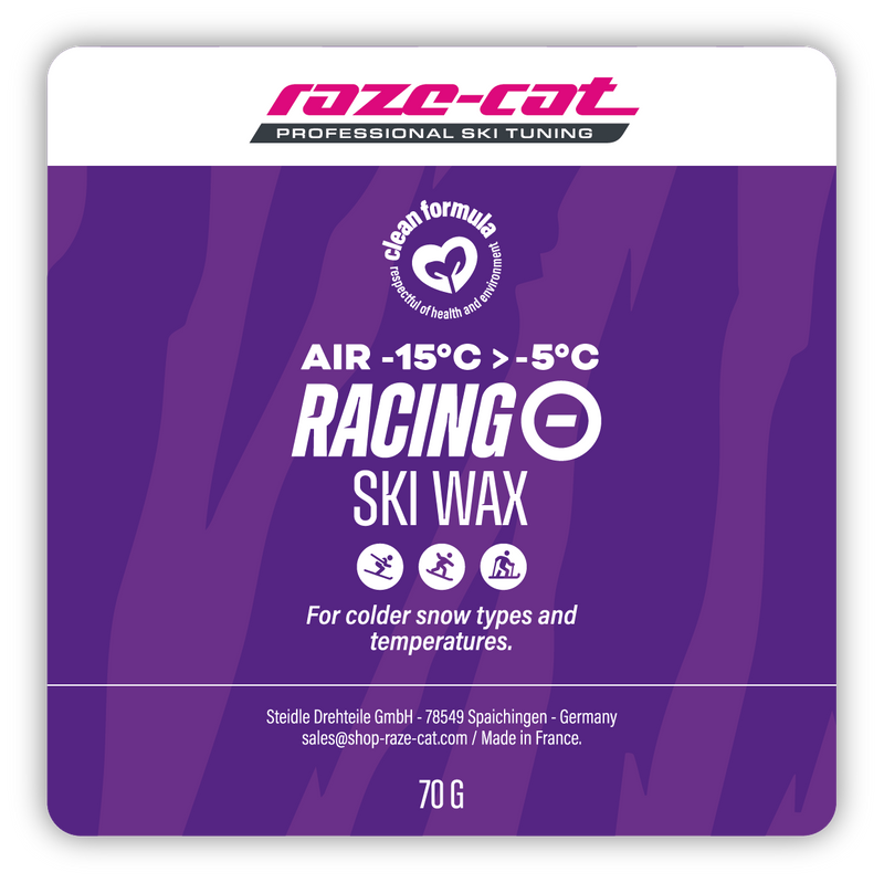 Laden Sie das Bild in Galerie -Viewer, Quadratisches Design eines Skiwachs Labels mit lila Tigerstreifen.