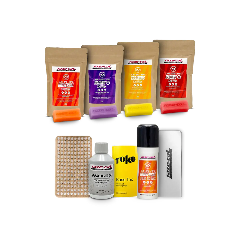 Ladda bilden i gallerivisaren, Mehrere Packungen Skiwachs in verschiedenen Farben und Typen, darunter Universal, Racing und Training, mit Zubehör wie Bürste, Flüssigwachs, Basiswachs und Wachsschaber.
