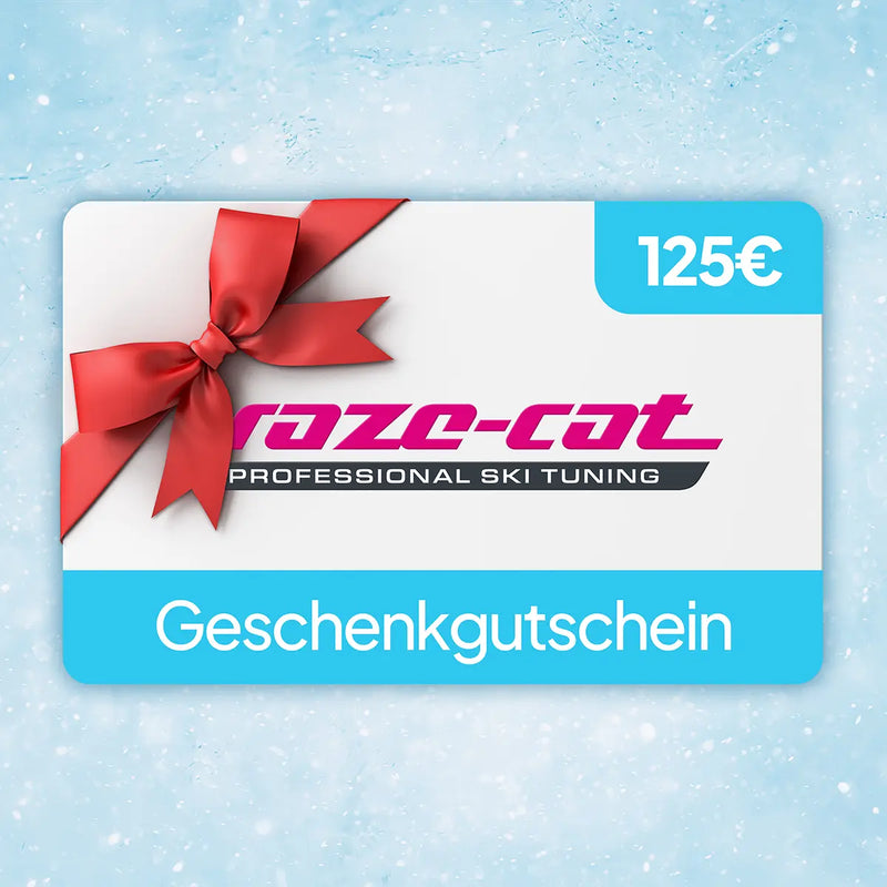 Laden Sie das Bild in Galerie -Viewer, Geschenkgutschein von raze-cat mit roter Schleife und Wertangabe 125 Euro auf blau-weißem Hintergrund.
