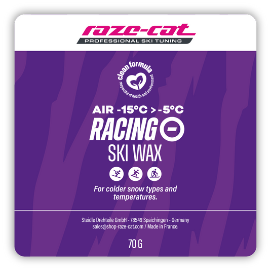 Quadratisches Design eines Skiwachs Labels mit lila Tigerstreifen.