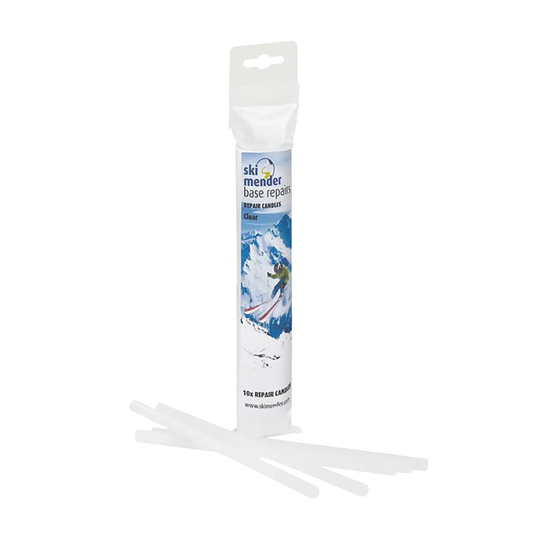 Verpackung mit fünf transparenten Reparatursticks für Ski mit Skifahrer-Motiv auf dem Etikett.