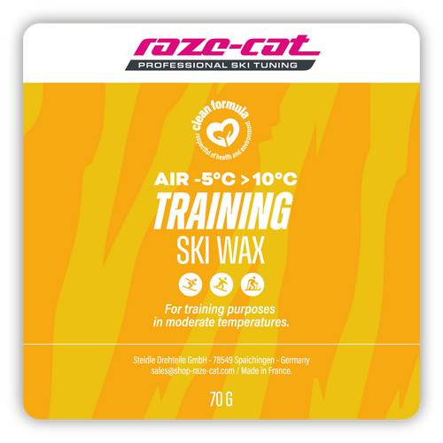 Quadratisches Design eines Skiwachs Labels mit gelben Tigerstreifen.