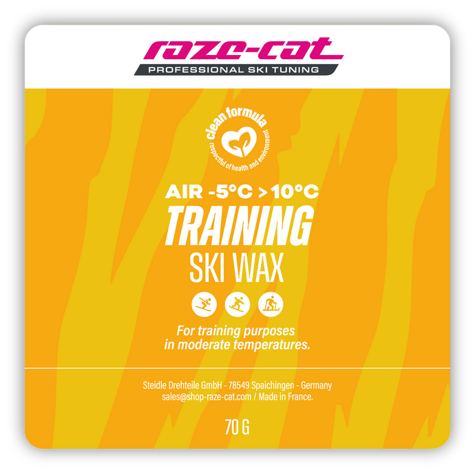 Quadratisches Design eines Skiwachs Labels mit gelben Tigerstreifen.