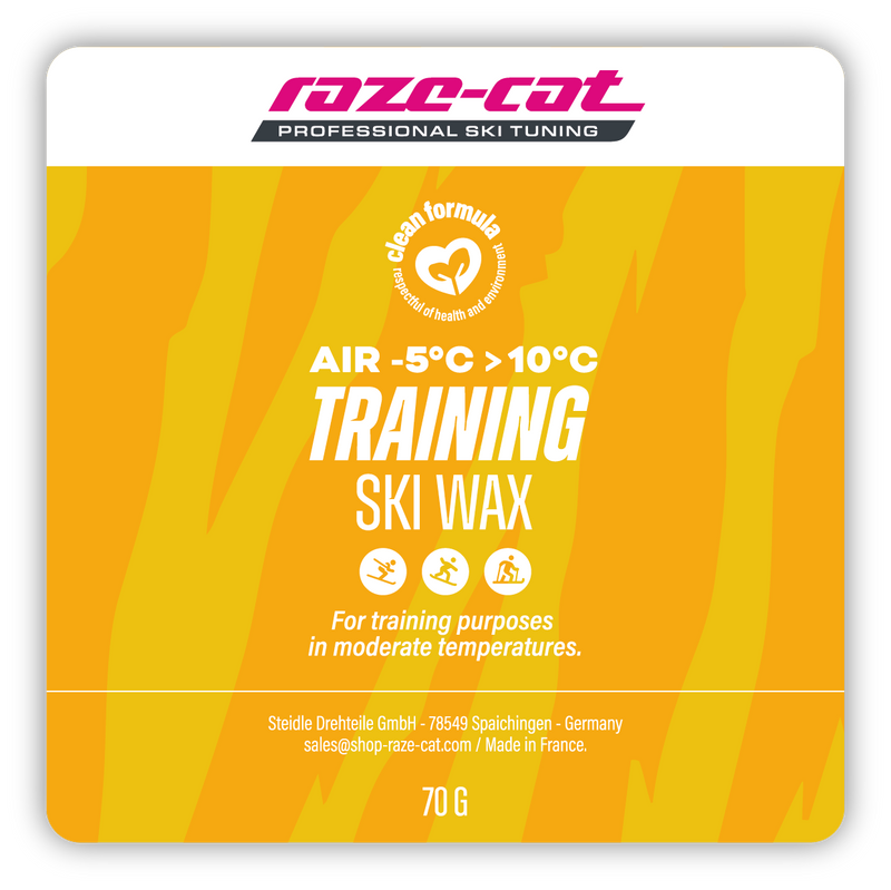 Laden Sie das Bild in Galerie -Viewer, Quadratisches Design eines Skiwachs Labels mit gelben Tigerstreifen.
